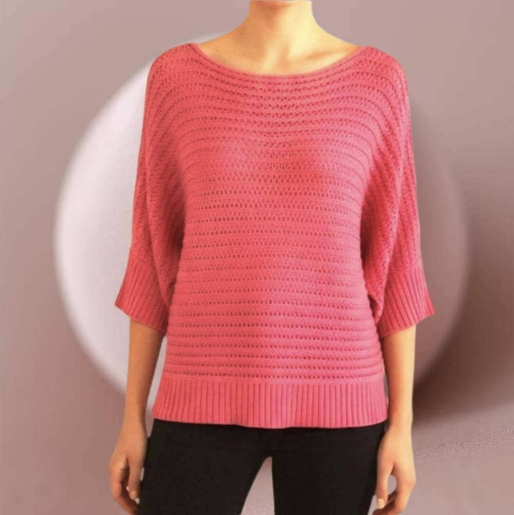 Lovely Tangerine Orange Chunky Knit Boatneck Sweater Elbow Length Dolman Sleeve